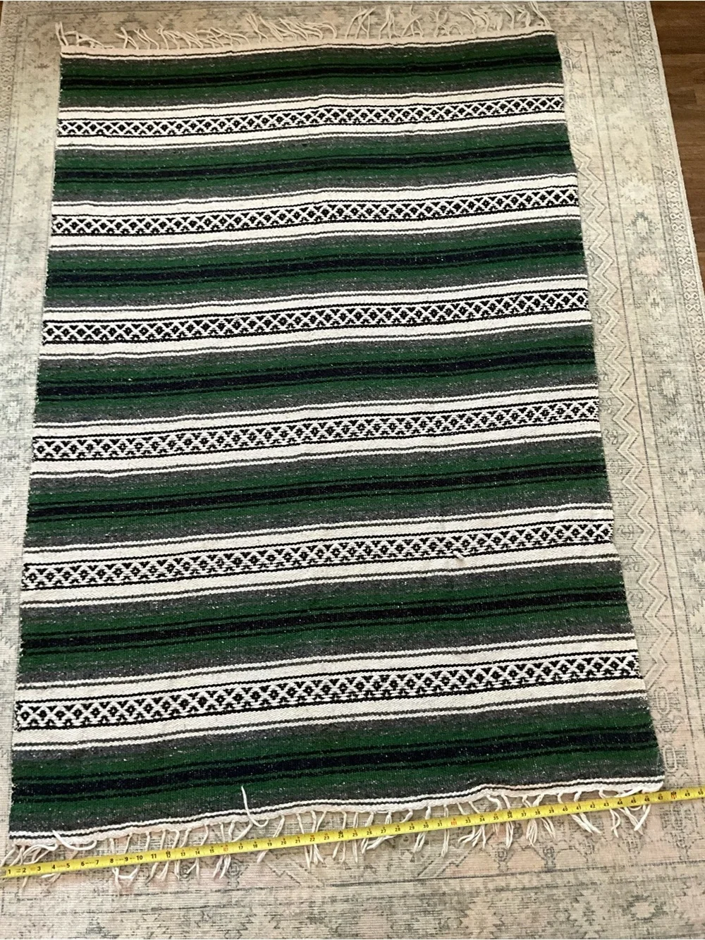 Mexican Serape Throw Blanket Woven Striped Green Black White with Fringe